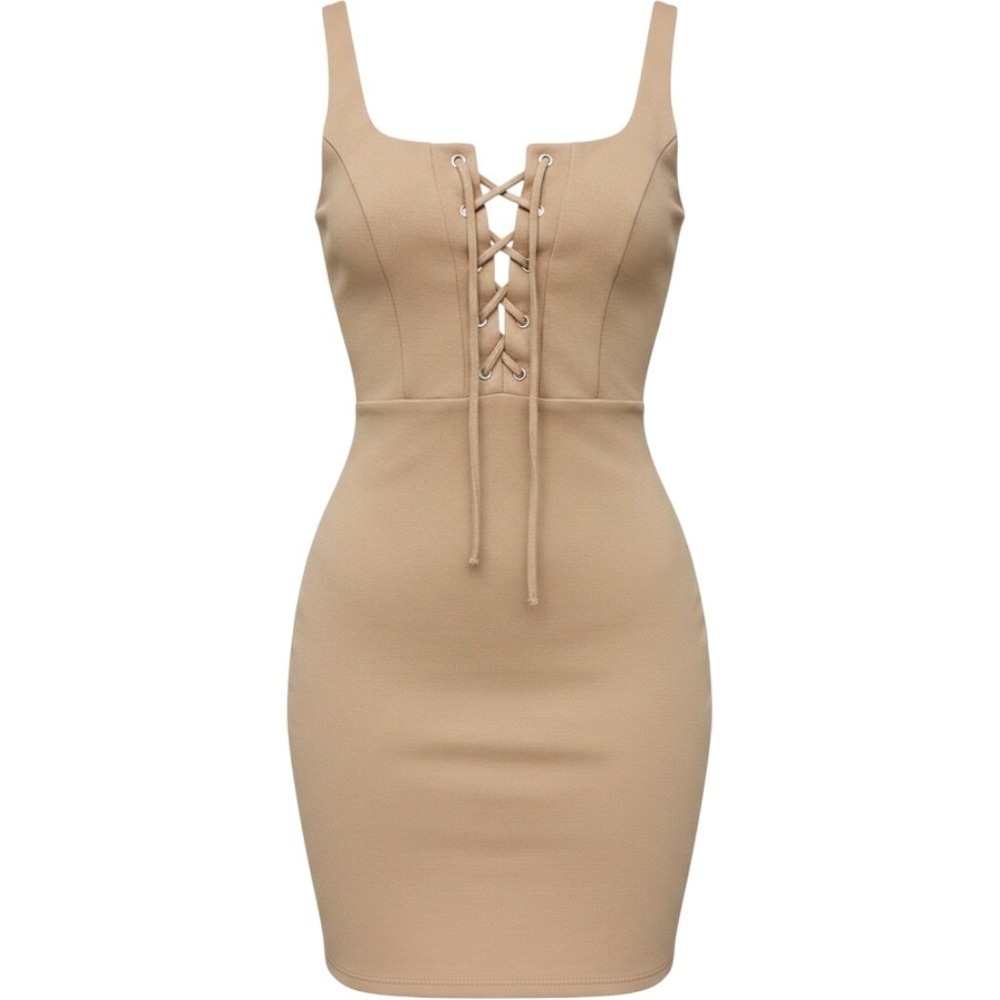 Lulus Tan Lace Up Front Bodycon Mini Dress Sleeveless Nude Beige Cocktail S